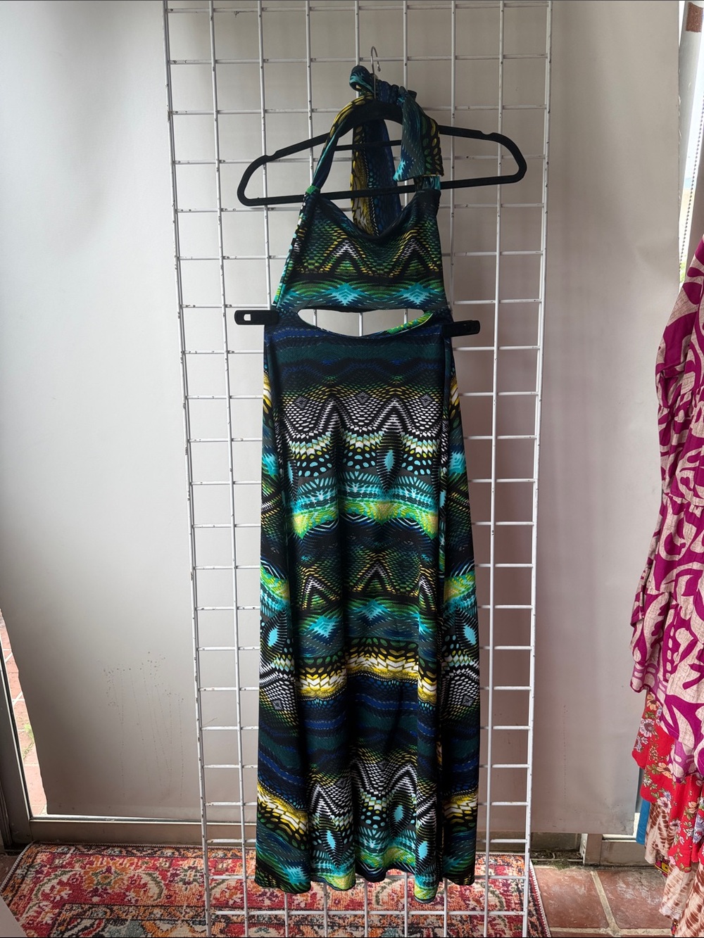Halter Maxi Dress in Teal, Blue & Yellow Tribal Print Dress Size XS